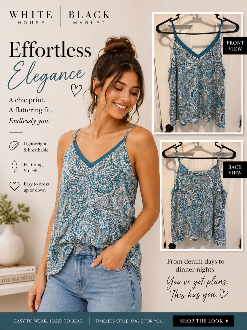 White House Black Market Teal and White Paisley V-Neck Cami
